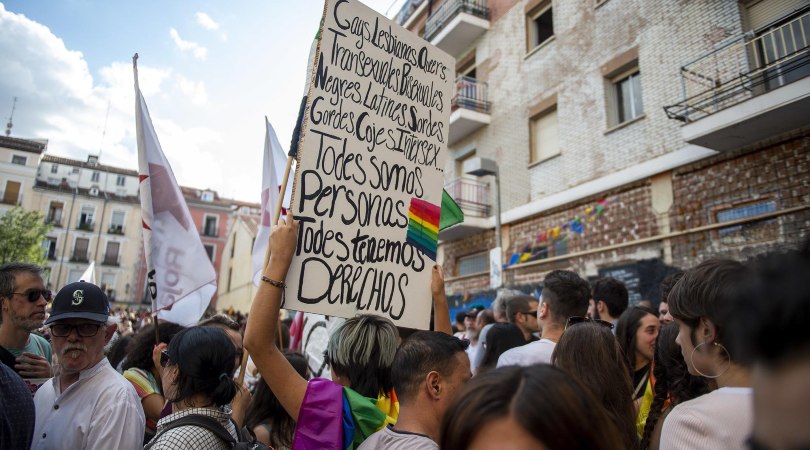Una persona sostiene una pancarta en la manifestación del orgullo crítico en Madrid en 2018. ÁLVARO MINGUITO