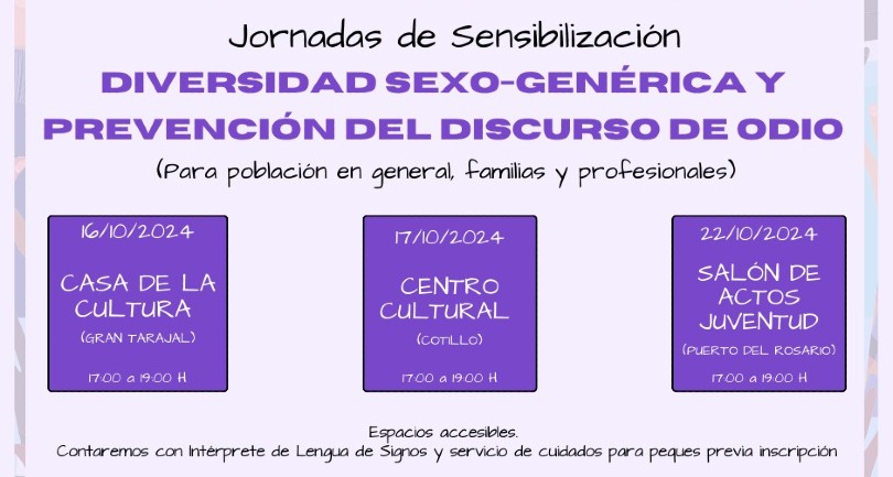 JORNADAS DE SENSIBILIZACIÓN SOBRE DIVERSIDAD SEXO GENÉRICA Y PREVENCIÓN DEL DISCURSO DE ODIO, FUERTEVENTURA 22/10/24 @ Salón de actos de la juventud de Puerto del Rosario, Fuerteventura